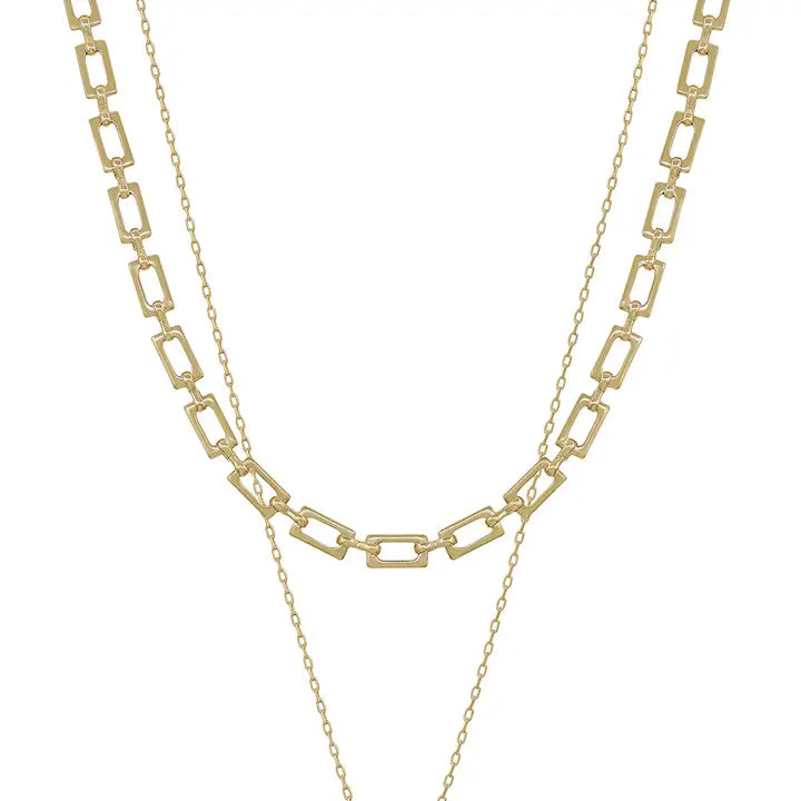 Gold Squared Chain with Freshwater Pearl Layered 16"-18" Necklace