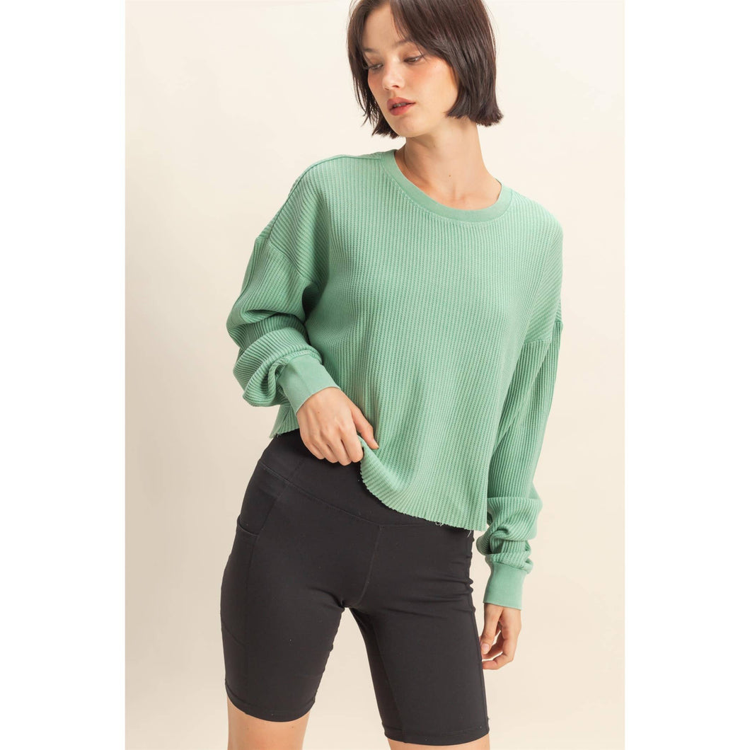Emerald Mineral Washed Waffle Long Sleeve Top: EMERALD / S-M-L(2-2-2)