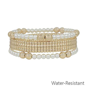Water Resistant Set of 3 Pearl Bracelets with Gold Beaded and Gold Watch Band Style Stretch Bracelet
