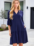 Navy Shirred Tiered Relaxed 3/4 Sleeve Dress