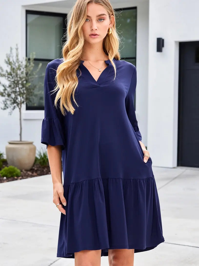 Navy Shirred Tiered Relaxed 3/4 Sleeve Dress