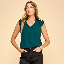 Load image into Gallery viewer, HUNTER GREEN Top V Neck with Ruffled Details
