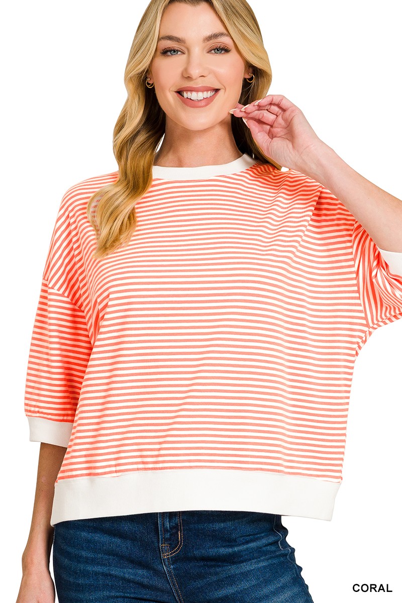 Coral Striped Contrast Trim Banded Bottom Top