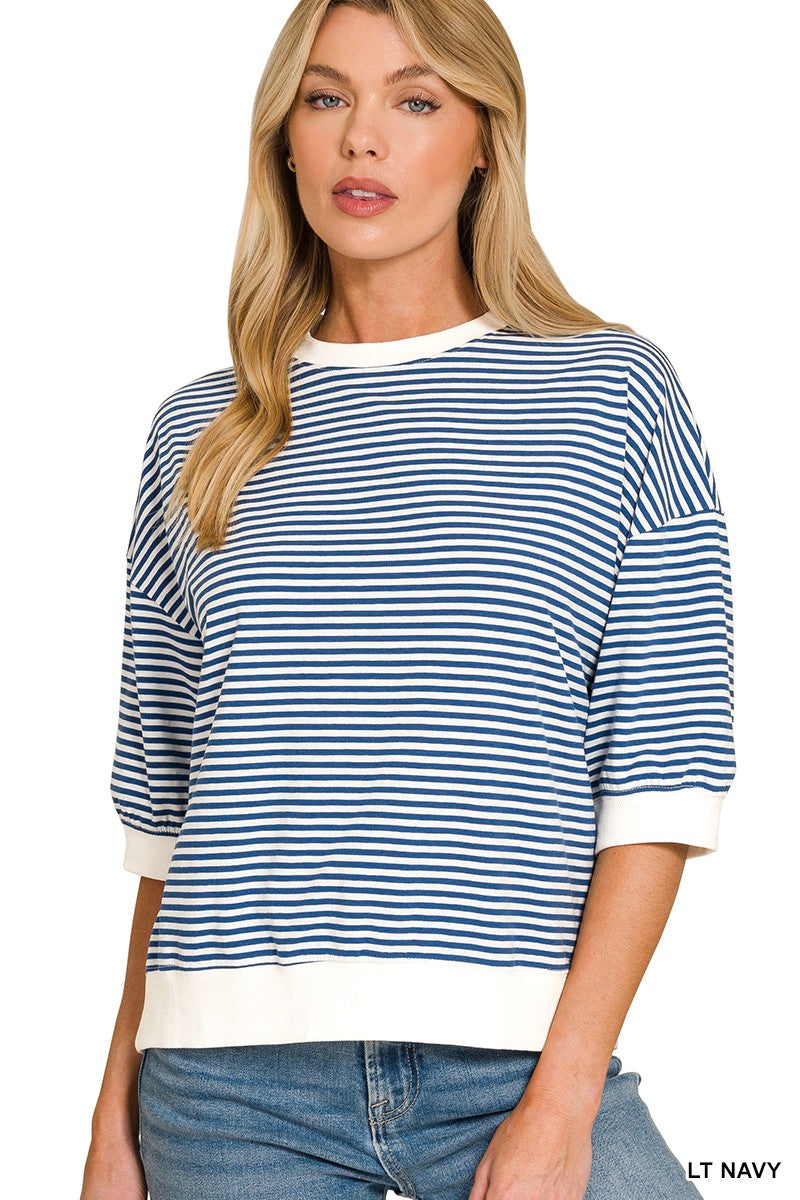 Light Navy Striped Contrast Trim Banded Bottom Top