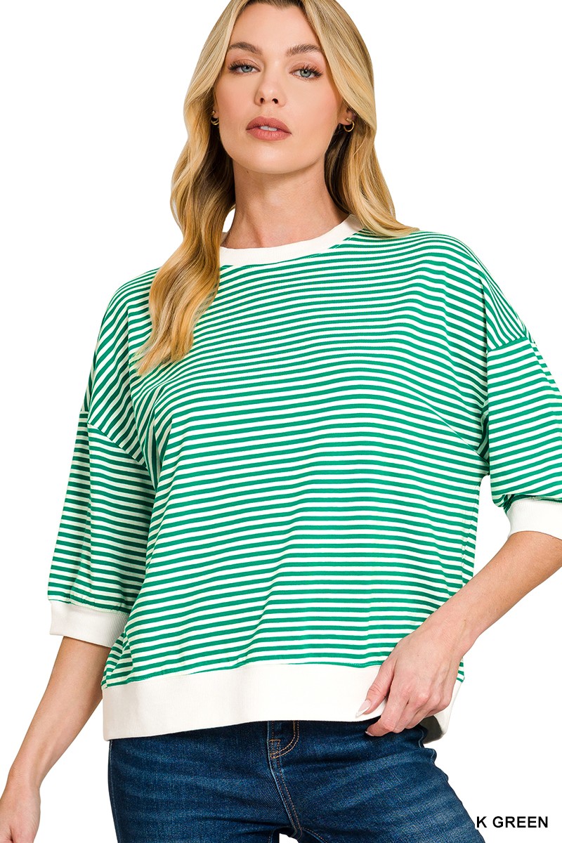 Kelly Green Striped Contrast Trim Banded Bottom Top
