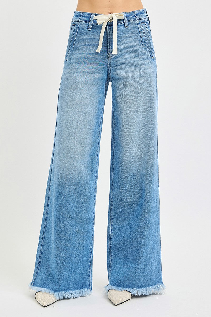 Risen High Rise Front Tie Wide Leg Jeans
