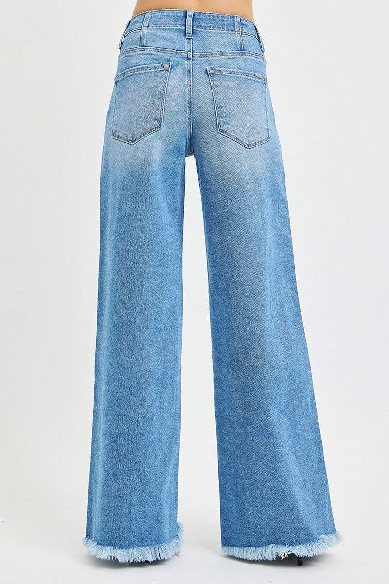 Risen High Rise Front Tie Wide Leg Jeans
