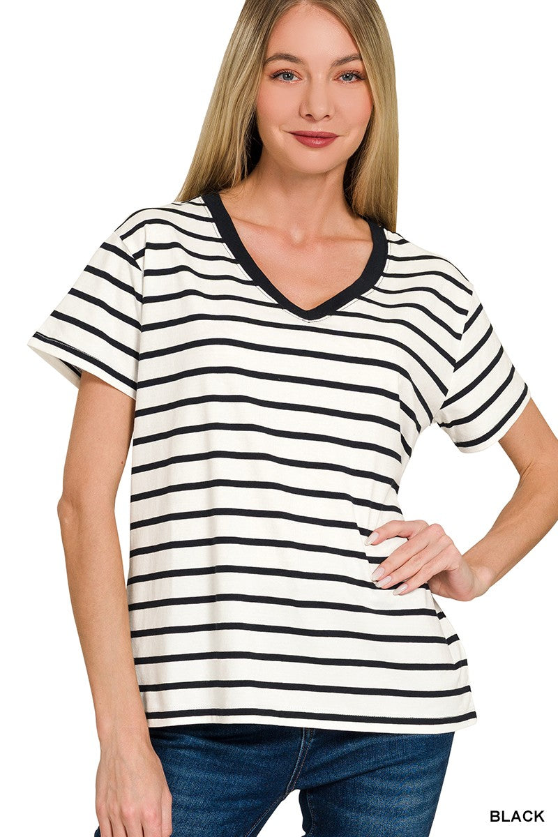 Black Striped V-neck T-shirts