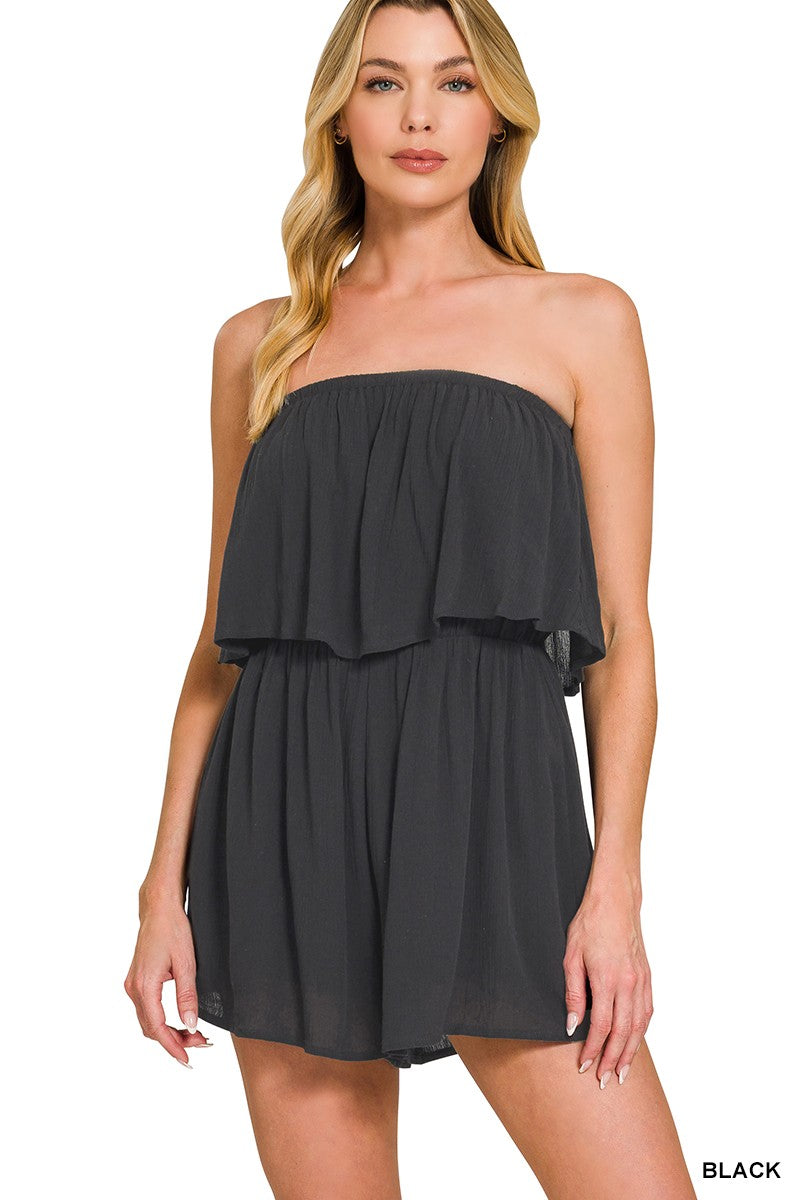Balck Woven Crinkle Strapless Romper