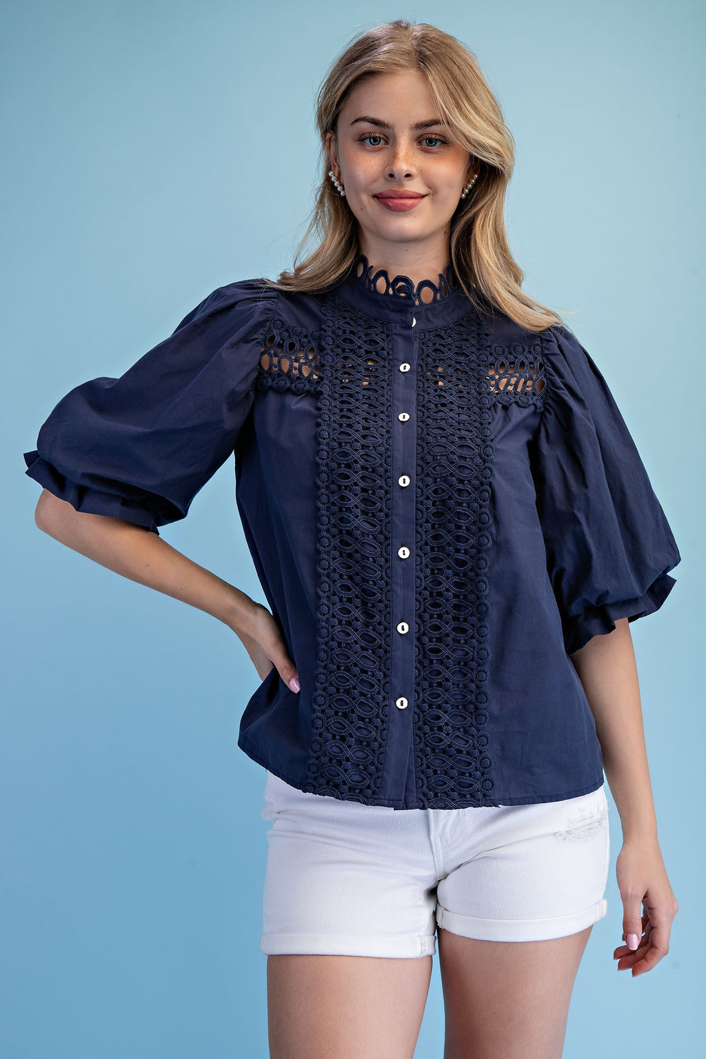 Navy Trim Detail Button Down Blouse