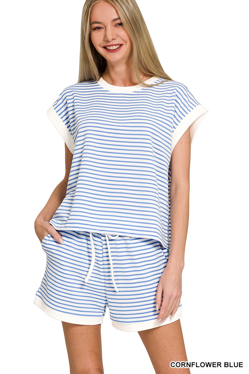 Cornflower Blue Stripe Contrast Trim Top & Shorts Set