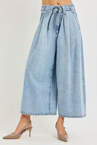 Risen Slouchy High Rise Crop Wide Leg Tie Belted Jeans