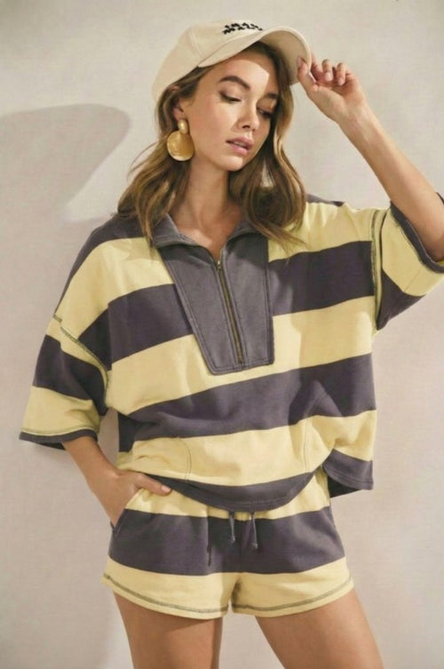 Charcoal and Lemon Vintage Striped Top and Shorts Set