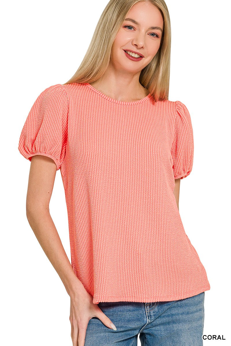 Coral Ribbed Puff Sleeve Top