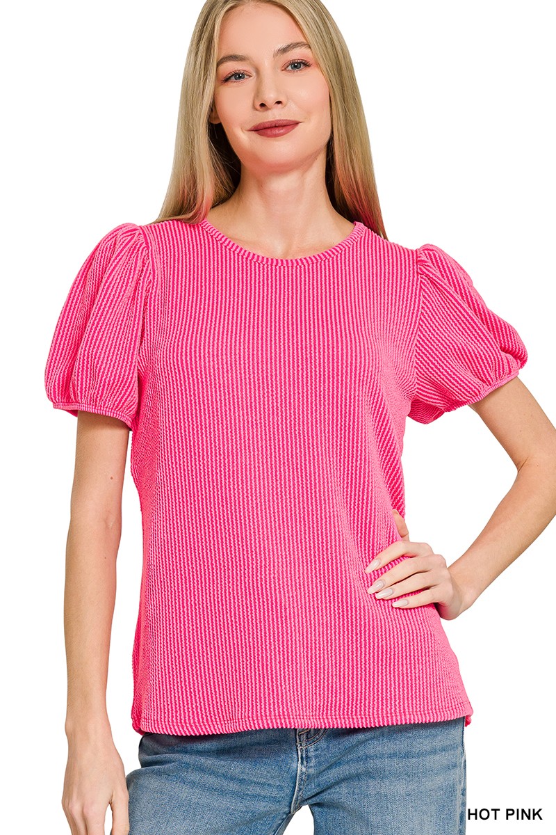 Hot Pink Ribbed Puff Sleeve Top