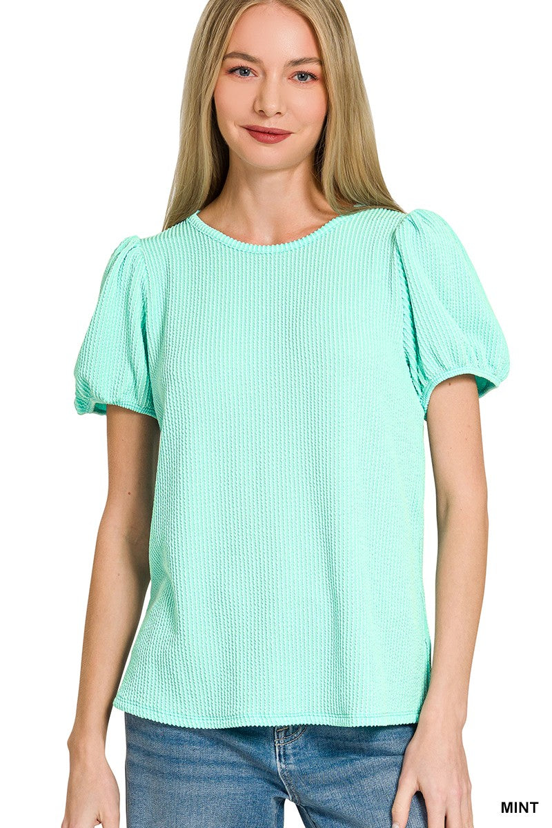 Mint Ribbed Puff Sleeve Top