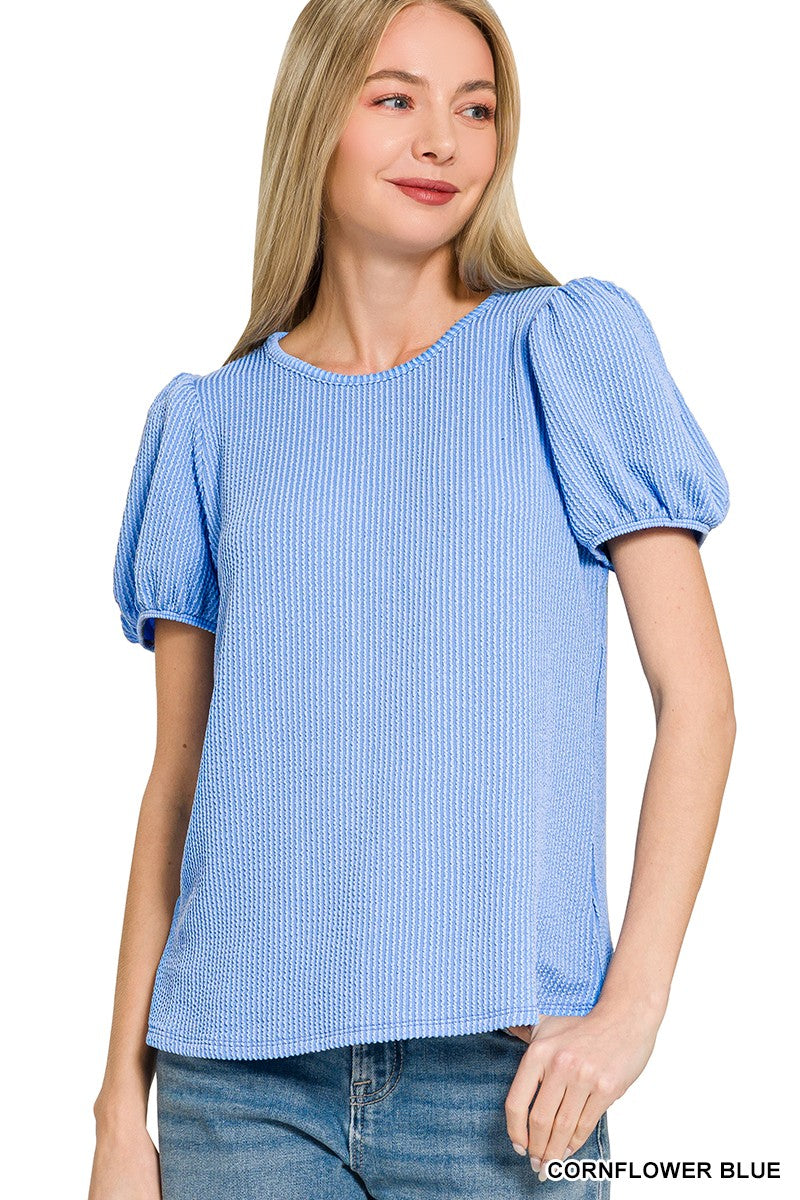 Cornflower Blue Ribbed Puff Sleeve Top