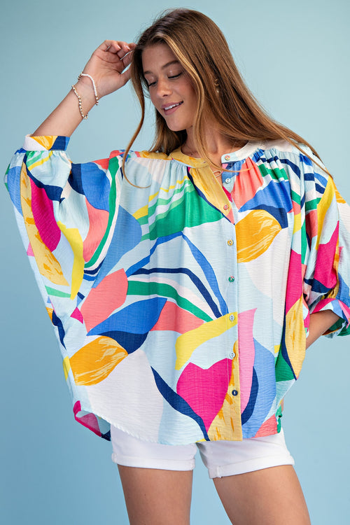 Bright Abstract Loose Fit Button Down Blouse