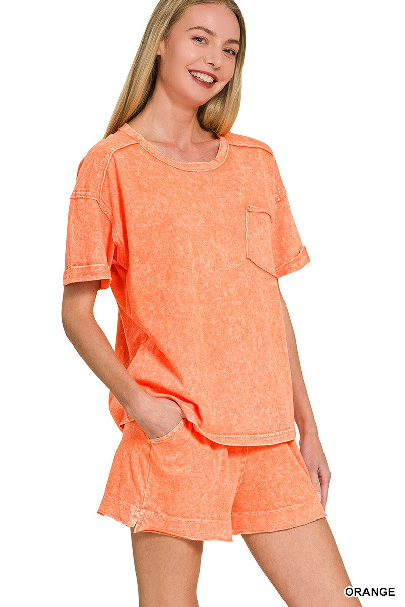 Orange Washed Exposed Seam Top & Shorts Set