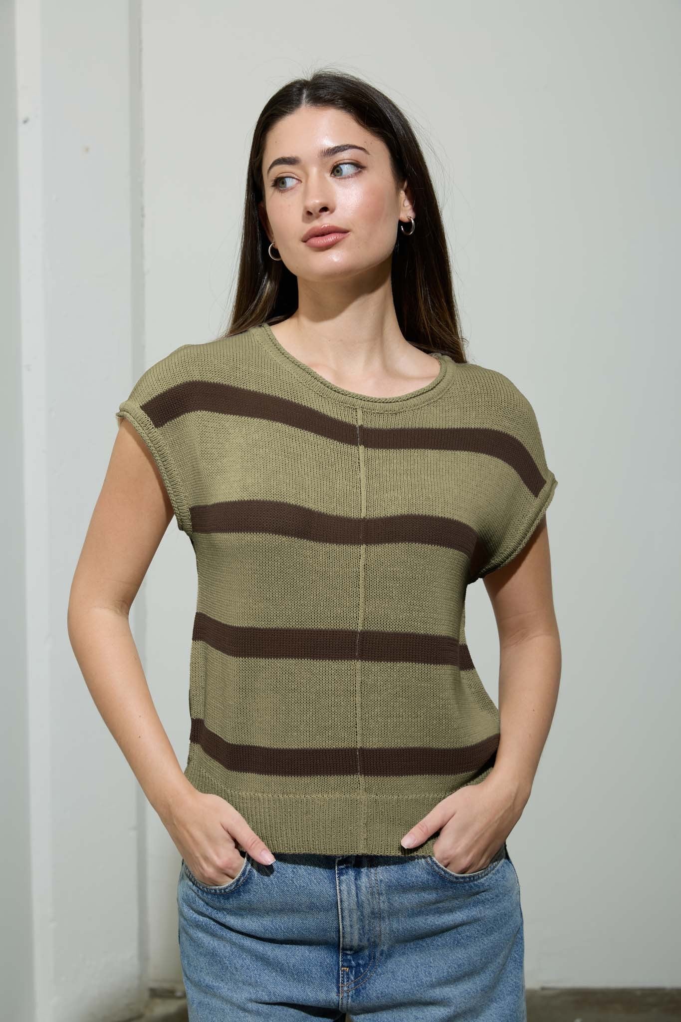 Light Olive Stripe Front Seam Short Sleeve Sweater Knit Top