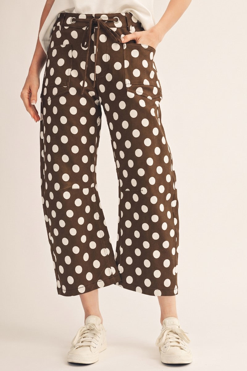Brown Drawstring Waist Polka Dot Barrel Pants