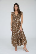 Floral Smocked V Neck Button Down Midi Dress in Brown