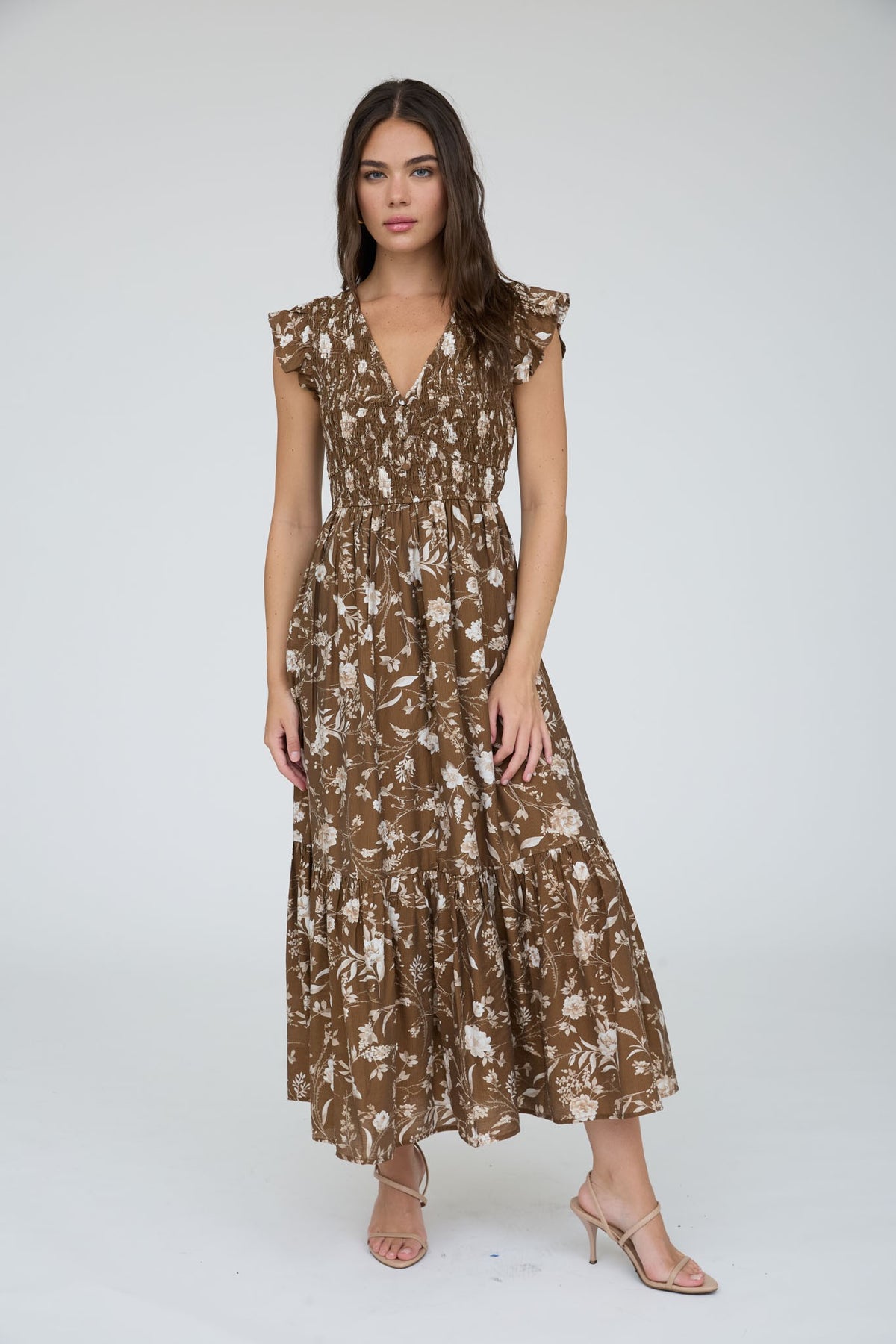Floral Smocked V Neck Button Down Midi Dress in Brown