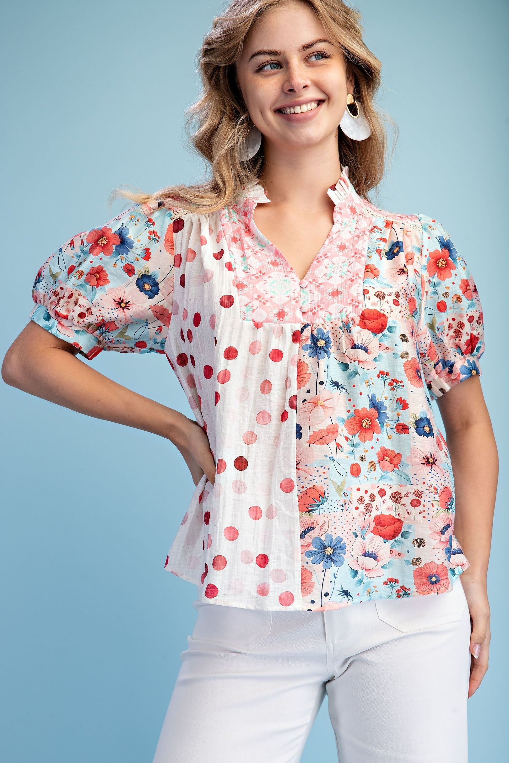 Coral Mixed Print Half Button Blouse