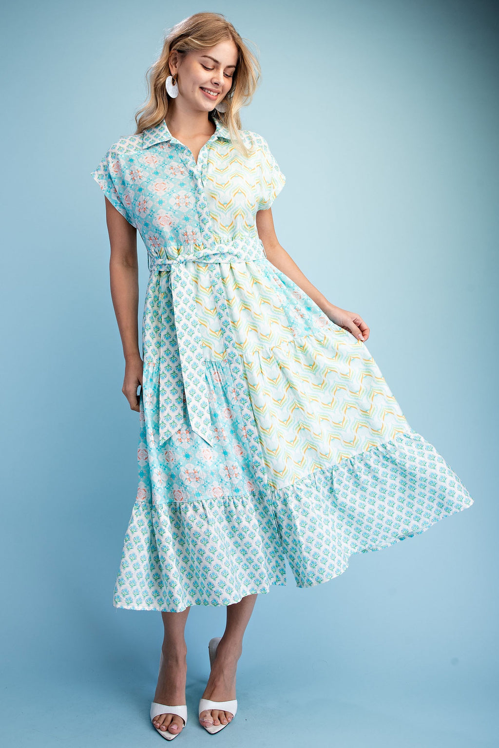 Multi Mixed Print Tiered Shirt Dress