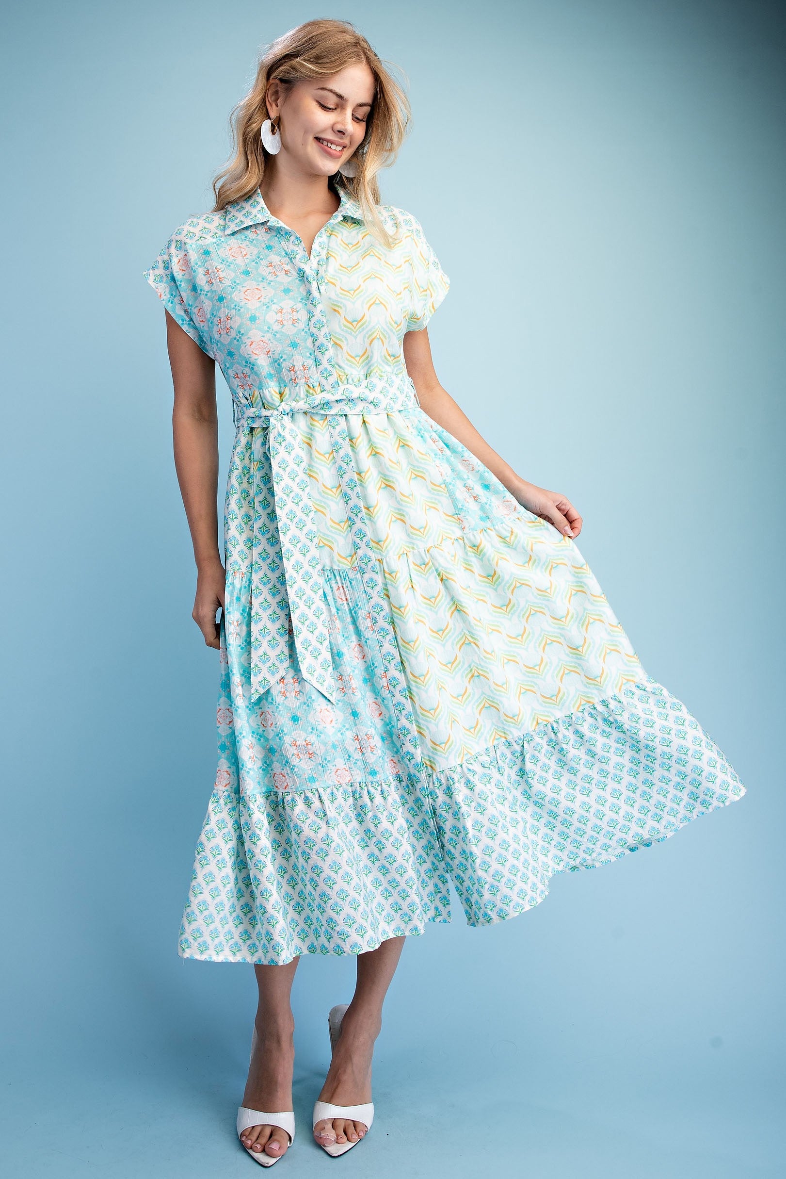 Multi Mixed Print Tiered Shirt Dress
