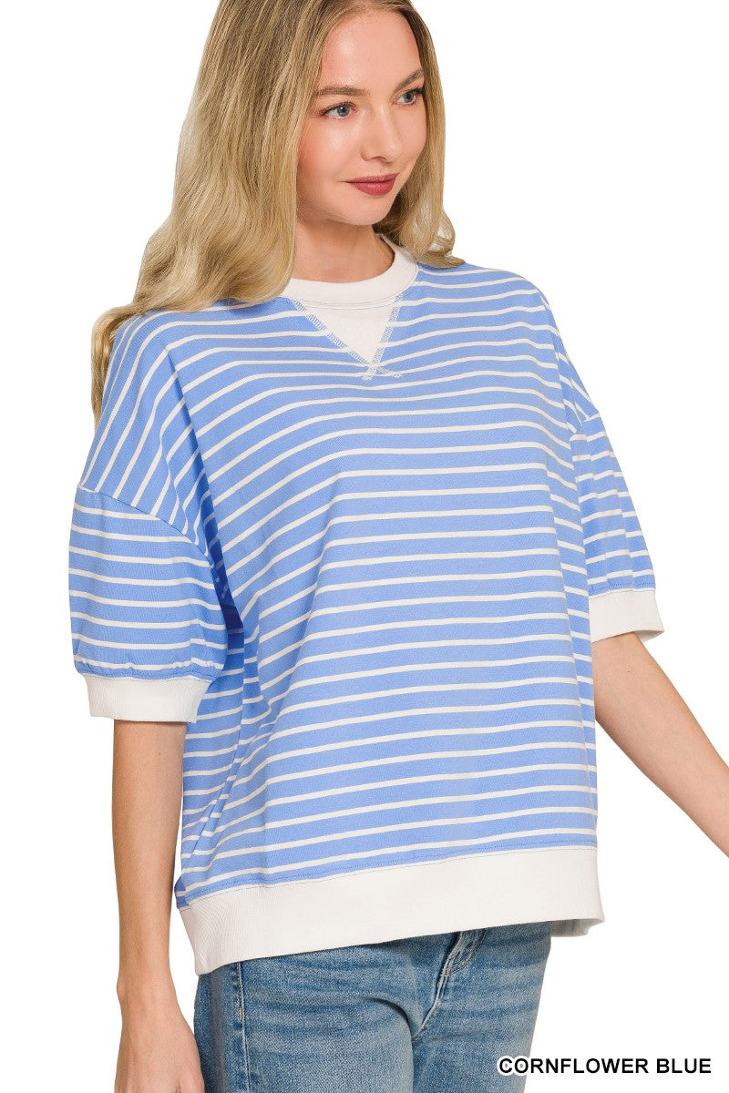 Cornflower Blue Striped Rib Banded Pullover