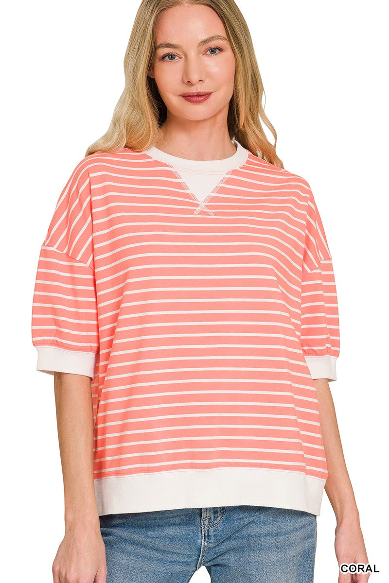 Coral Striped Rib Banded Pullover