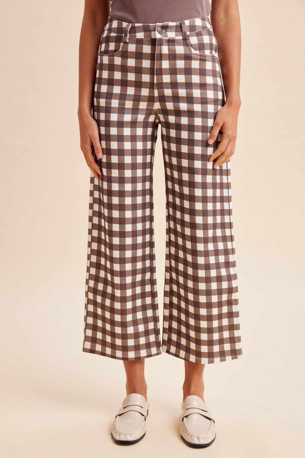 Brown Gingham Check Wide- Leg Cropped Denim Pants