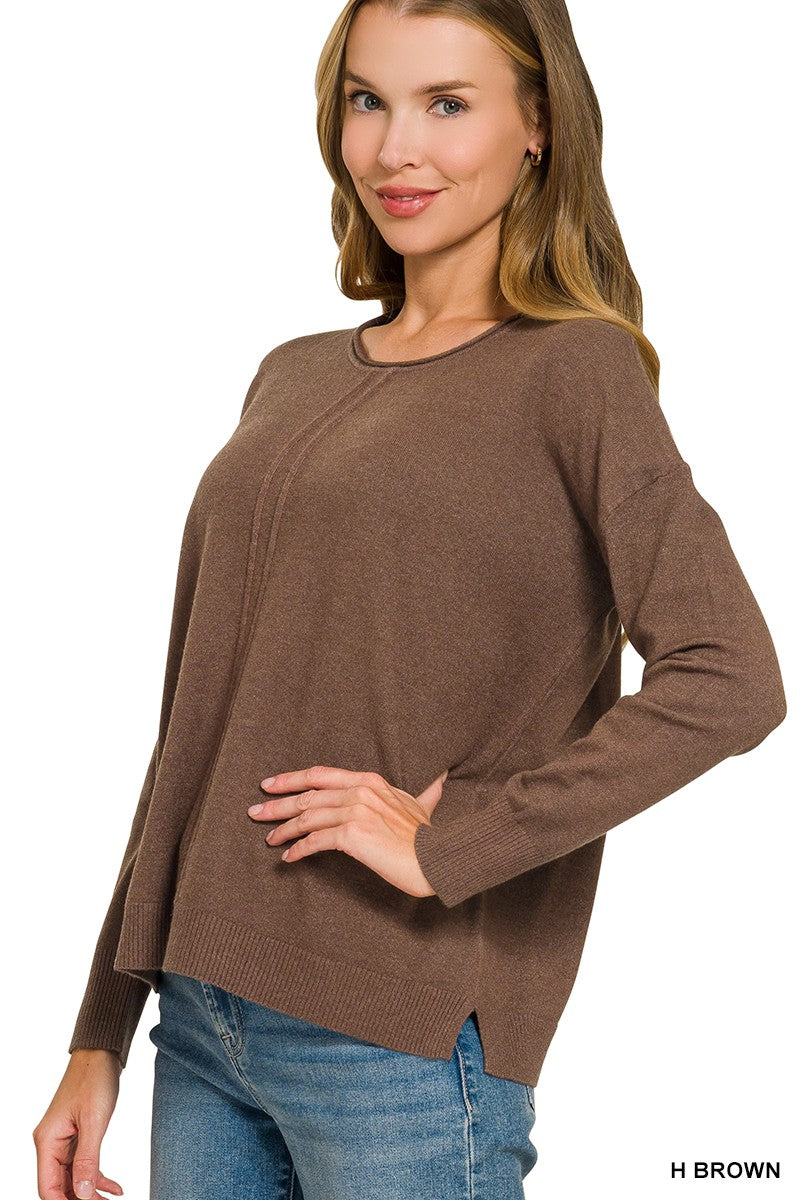 Brown Viscose Front Double Seam Round-neck Sweater