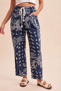 Navy Bandana Printed Drawstring Barrel Loose Fit Denim Pants