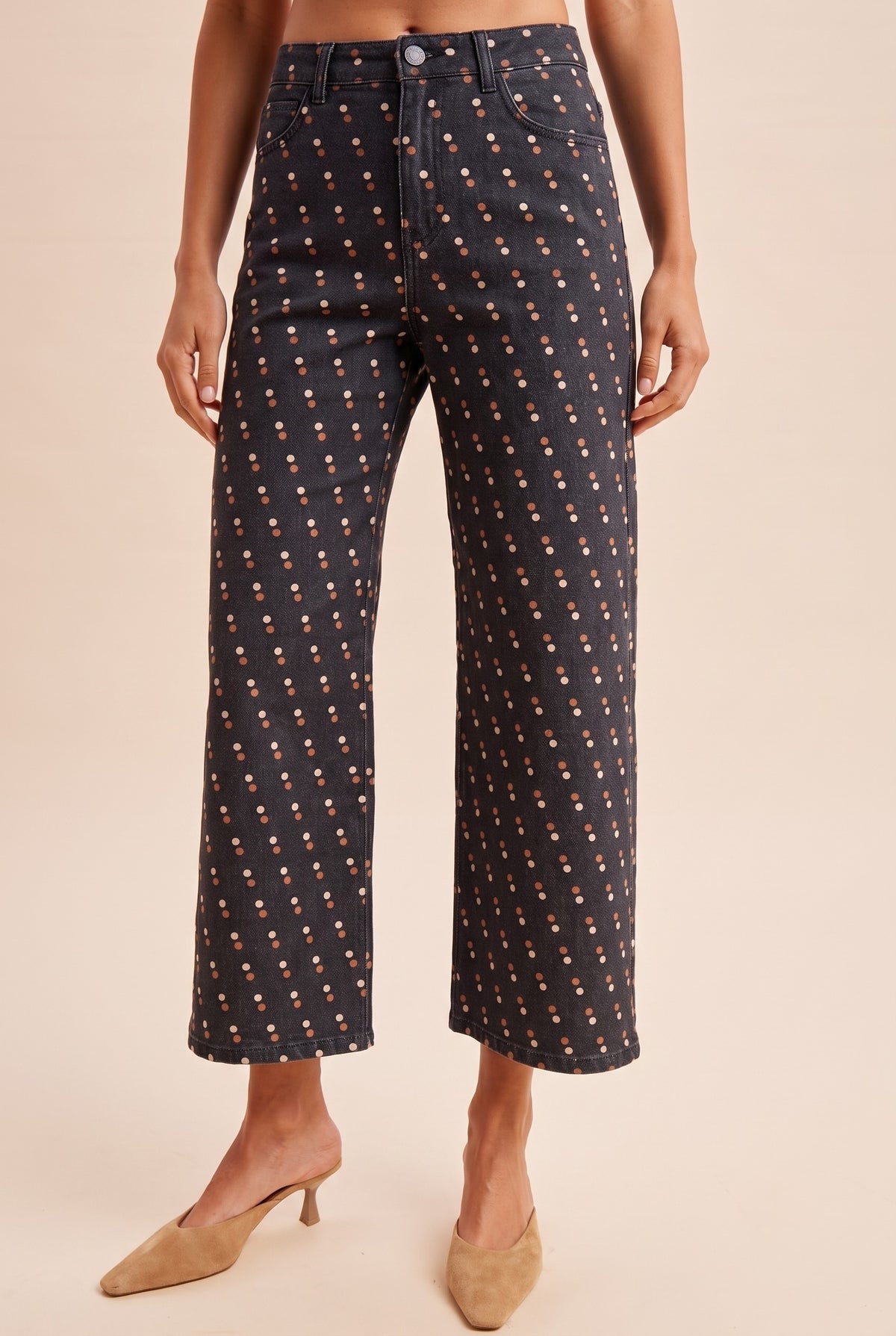 Navy Polka Dot Cotton Twill Wide Cropped Pants