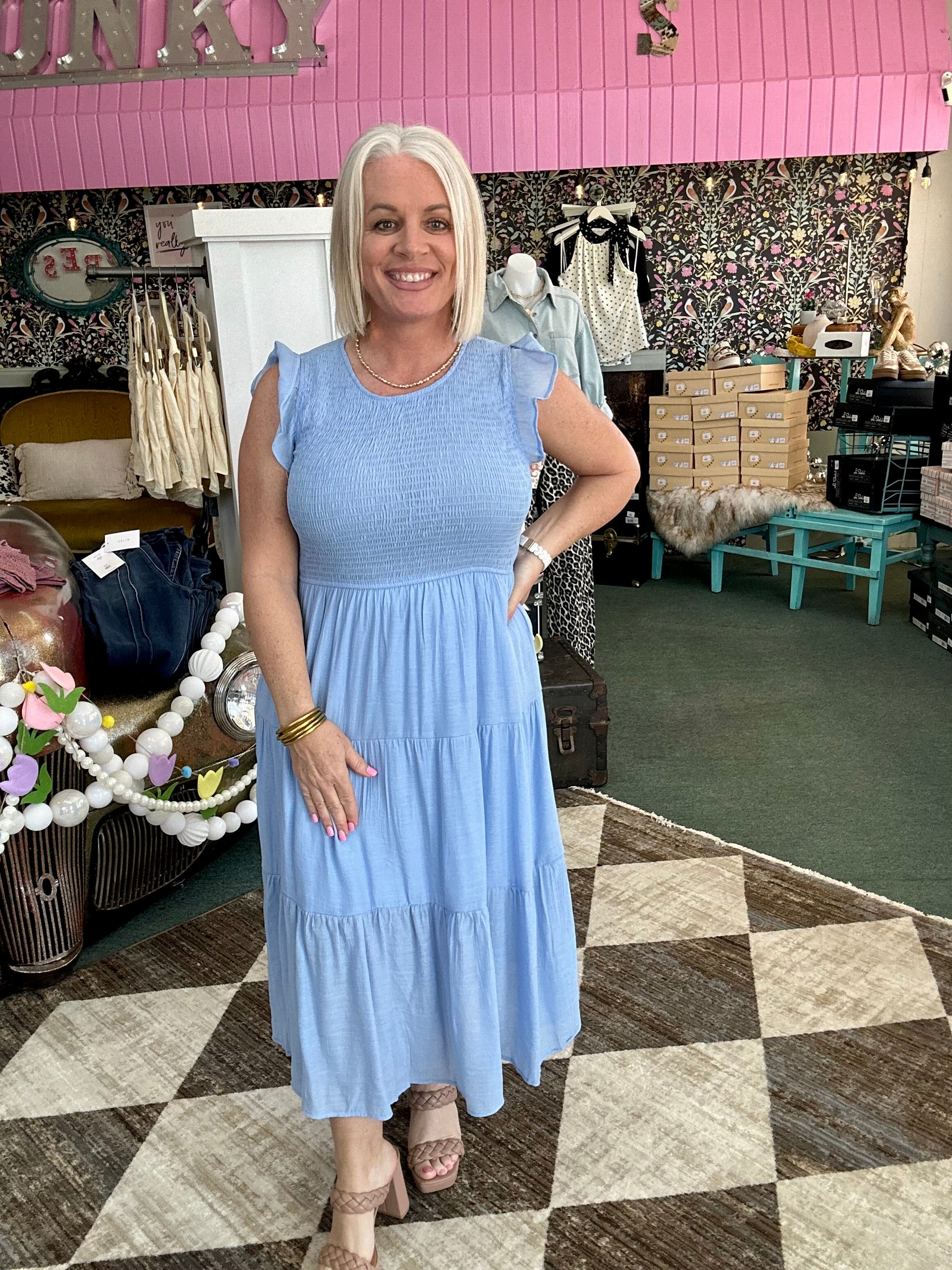 Cornflower Tiered Smocked Short Sleeve Midi Dress