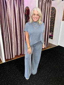 Ribbed Short Sleeve 2PC Pants  Set in dark denim blue