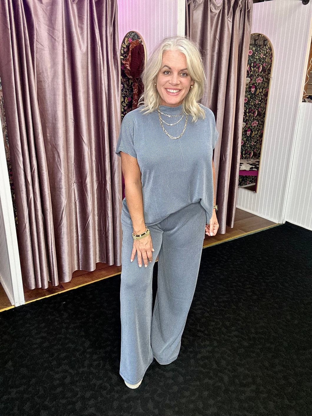 Ribbed Short Sleeve 2PC Pants  Set in dark denim blue