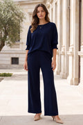 Navy 2-Piece Poncho Top and Pants Flowy Set