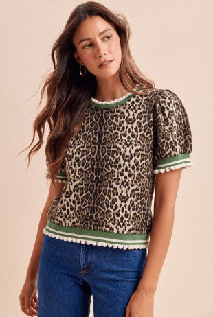 Leopard Jacquard Puff Sleeve Knit Top with Green Trim Dealing