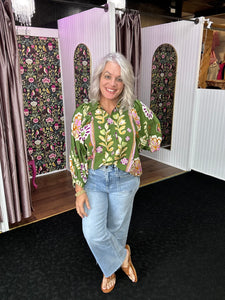 Olive Floral print button down top