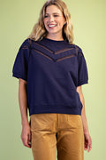 Navy Lace Trim Short Sleeve Top