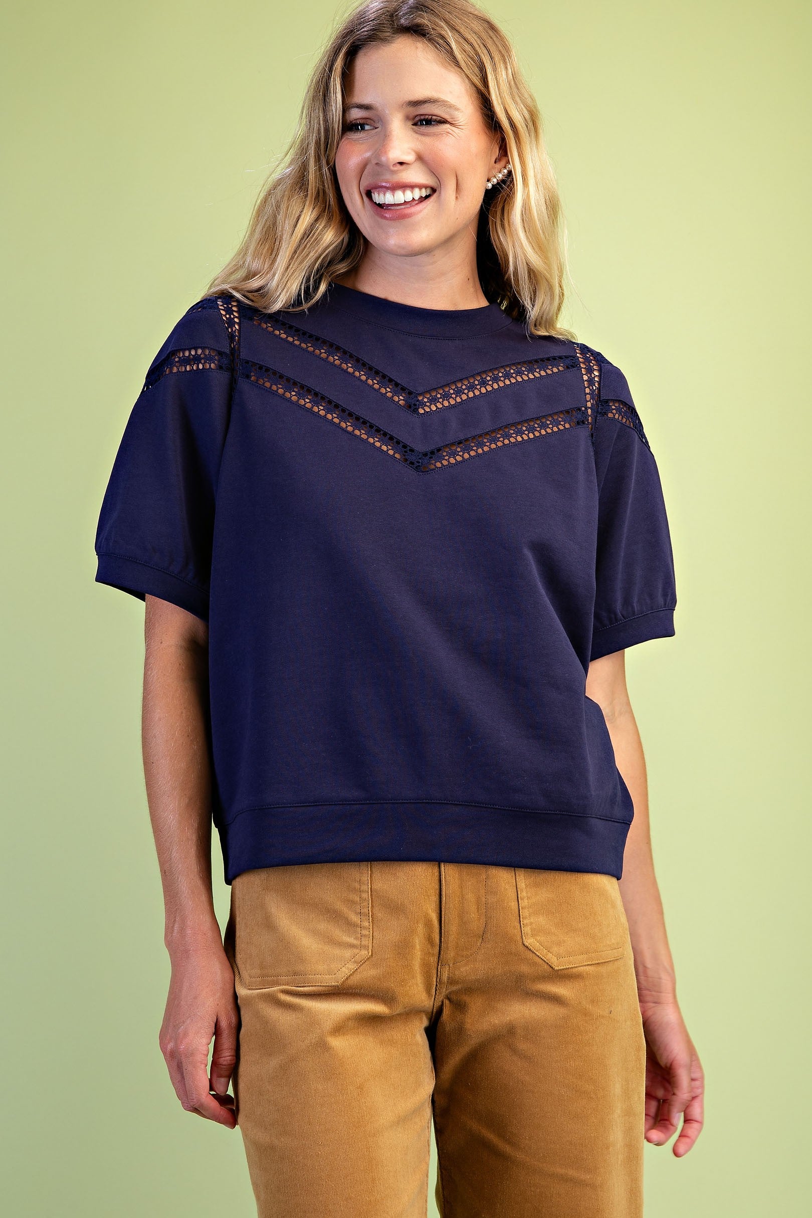 Navy Lace Trim Short Sleeve Top