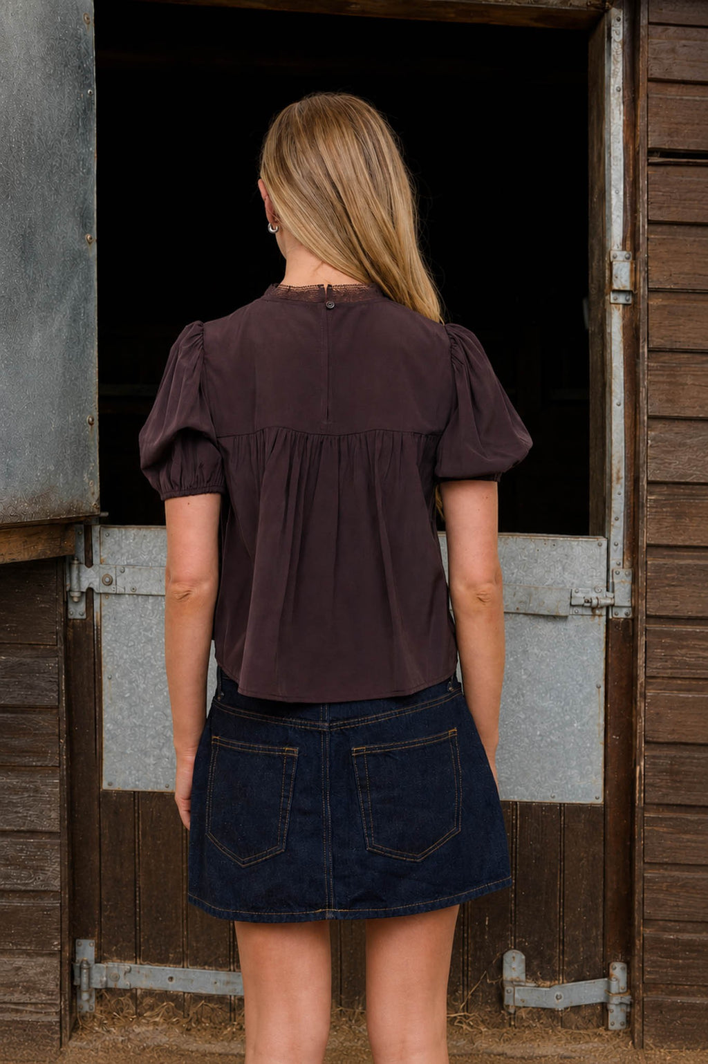 Brown Lace-trim Pintuck Puff Sleeve Cropped Top