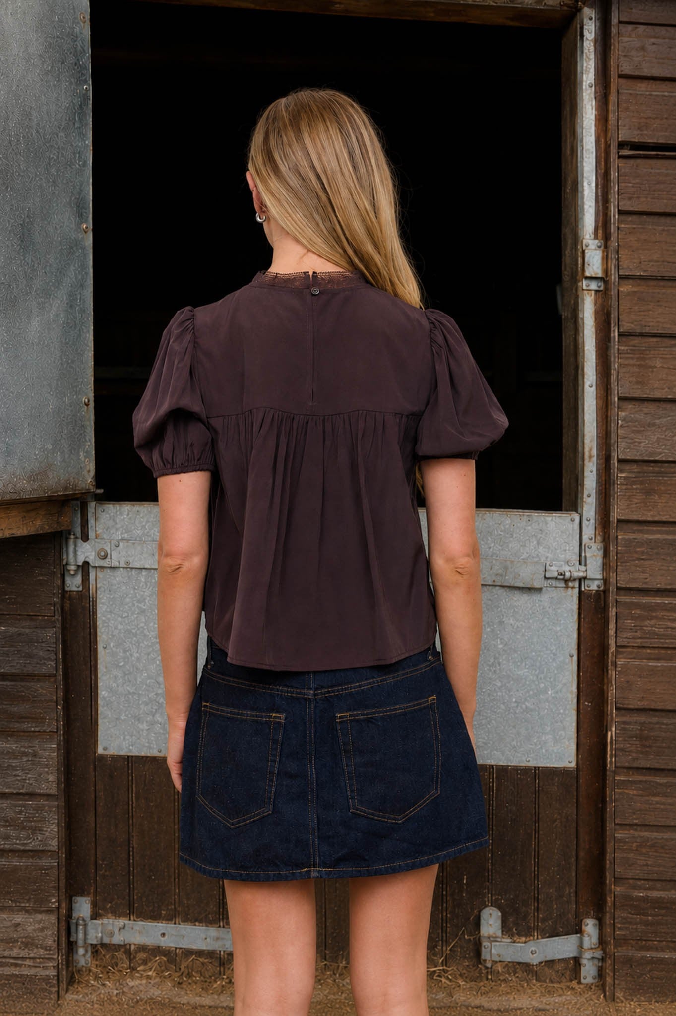 Brown Lace-trim Pintuck Puff Sleeve Cropped Top