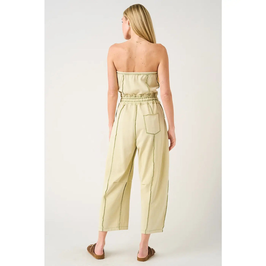 Matcha Mineral Wash Contrast Stitch Barrel Leg Jumpsuit