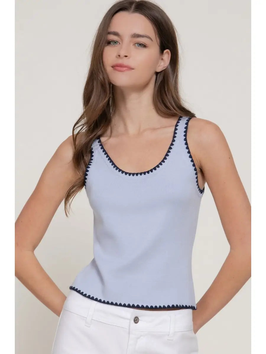 Juniors Blue and Navy Sleeveless Embroidered Sweater Top