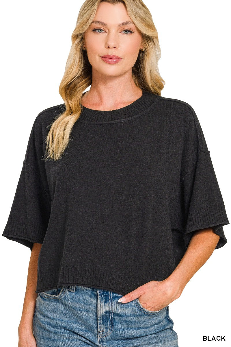 Black Mock Neck Short Sleeve Boxy Sweater