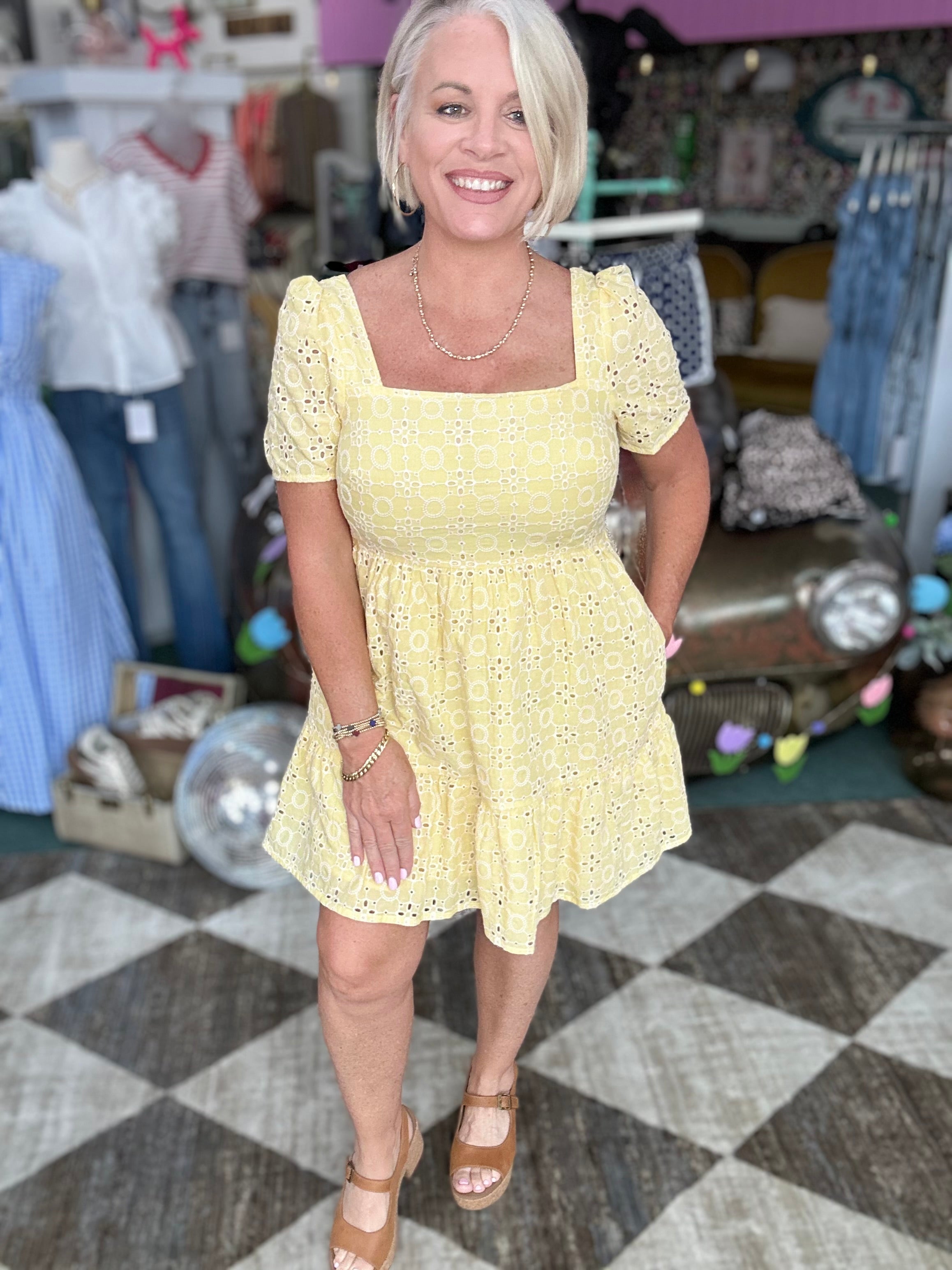 Sunwashed Lemon Eyelet Embroidered Shift Mini Dress Spunky Sparrow Boutique Sunwashed Lemon Eyelet Embroidered Shift Mini Dress Spunky Sparrow Boutique